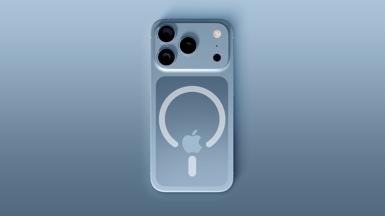 From Phone Islam: A blue smartphone, rumored to be the i17 smartphone that was rumored to be the i17 in recent Apple rumors, features three rear cameras and a MagSafe battery pack with the Apple logo and charging symbol.