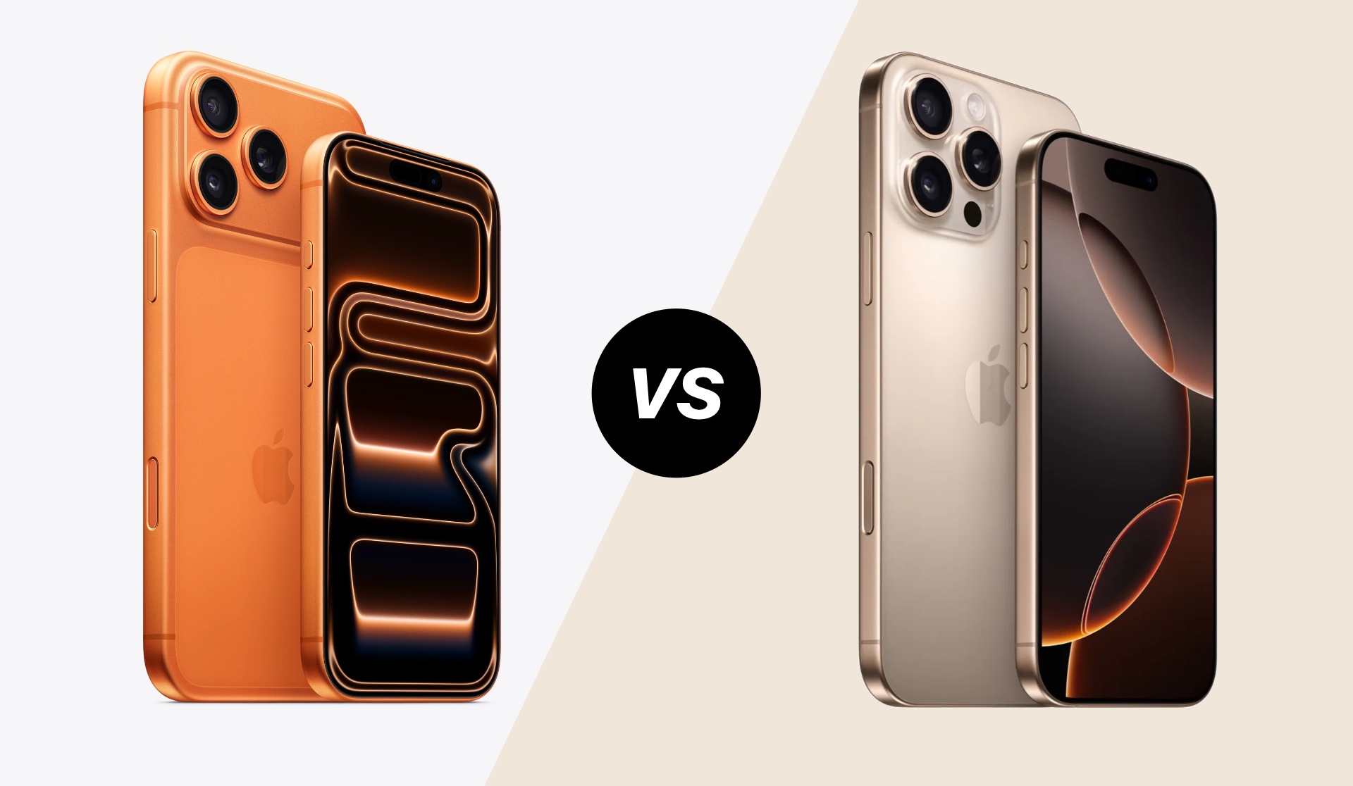 Из iPhone Islam: рядом показаны два интеллектуальных дисплея, один оранжевый, другой серебристый, со значком «против» посередине, подчеркивающим сравнение iPhone 16 Pro и iPhone 17 Pro.