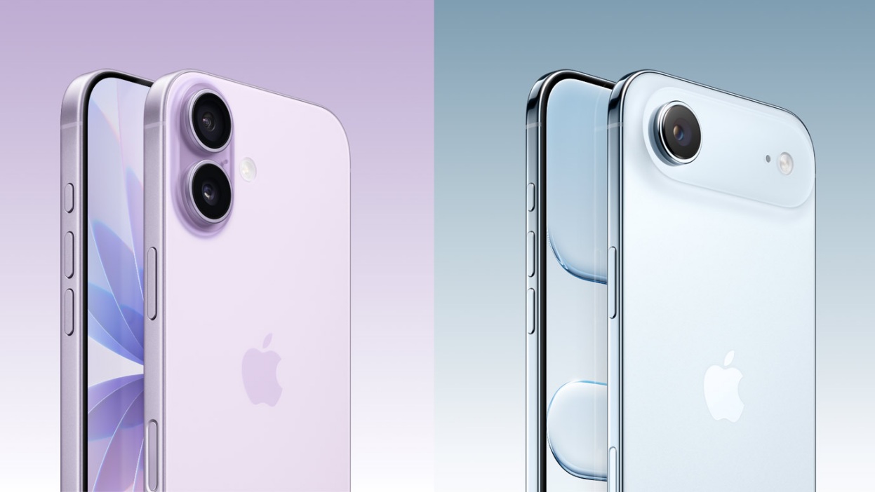 Da Phone Islam: Confronto tra due Ion-iPhone: l'Ion-iPhone 17 viola con doppia fotocamera posteriore e l'Ion-iPhone Air blu con singola fotocamera, mostrati uno accanto all'altro.