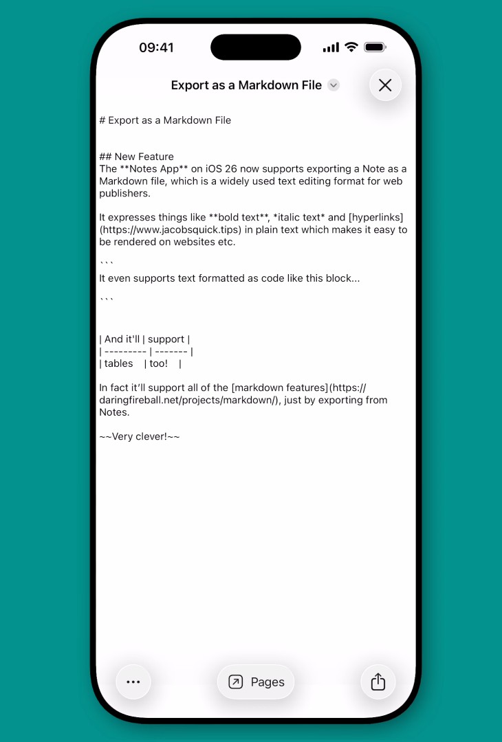 Do Phone Islam: Uma tela de smartphone exibe uma nota no aplicativo Notas no iOS 26, explicando o novo recurso do aplicativo Notas e exportando arquivos Markdown com exemplos de texto formatado.