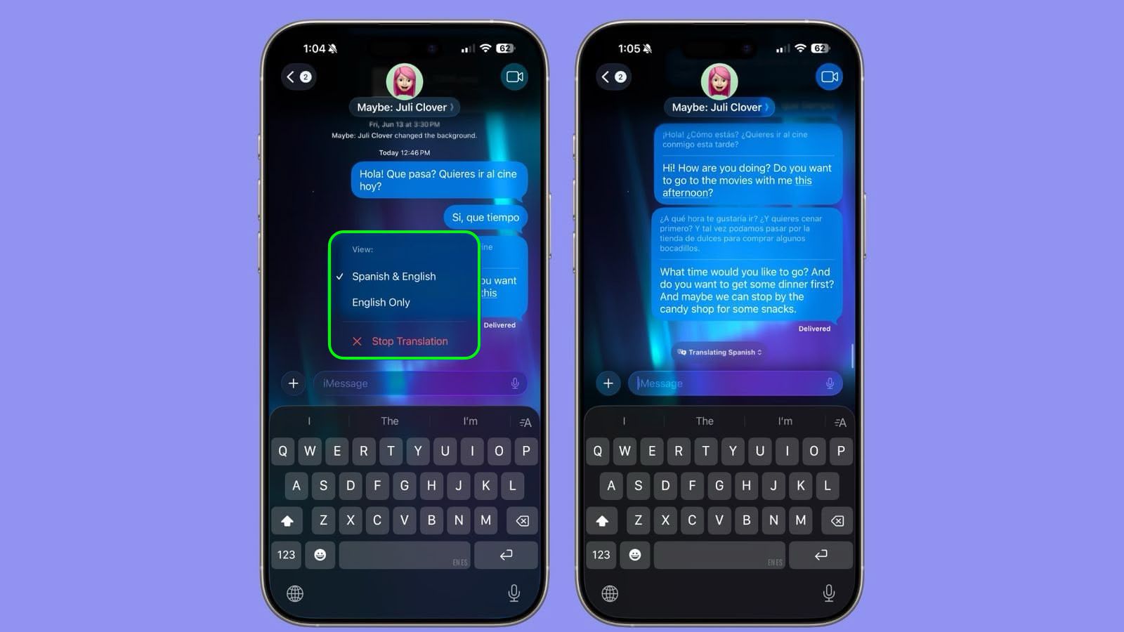 Ji Phone Islam: Du têlefonên jîr sepana peyamnêriya bilez bi sepana peyamnêriya bilez re nîşan didin, axaftinên sohbetê bi îngilîzî û spanî li ser paşxaneyek şîn û binefşî nîşan didin. Ji bo danûstendinek pirzimanî ya bênavber bi iOS 26 re hevaheng e.