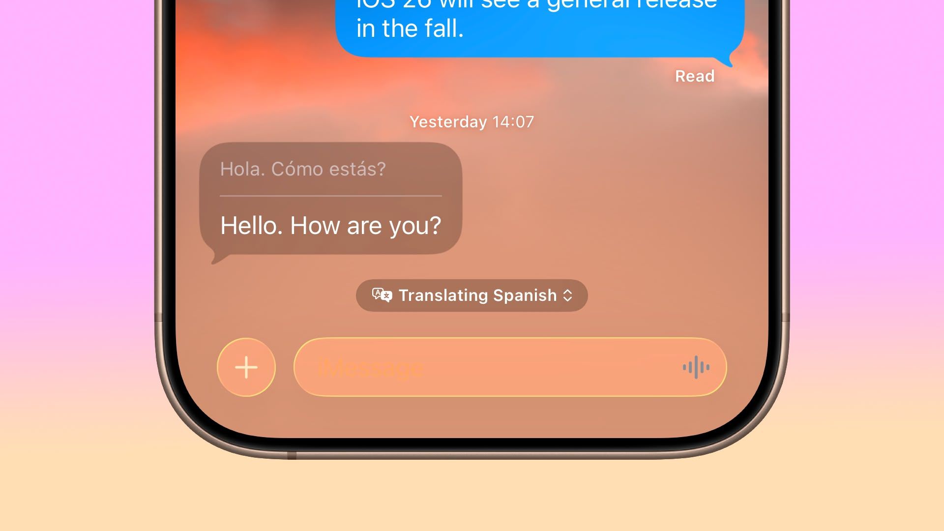 Ji Telefonê Îslam: Telefona jîr a iOS 26 sepana Peyaman bi wergerandina otomatîkî ya tavilê ji Spanyolî bo Îngilîzî di danûstandinek nivîskî de nîşan dide.