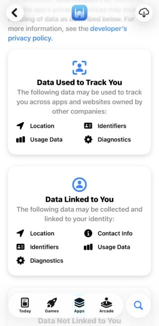 من موقع فون إسلام: لقطة شاشة لمعلومات خصوصية التطبيق التي تعرض البيانات المستخدمة لتتبع المستخدمين والبيانات المرتبطة بالمستخدمين، بما في ذلك الموقع وبيانات الاستخدام والمعرفات والتشخيصات - مما يساعدك على فهم كيفية التعامل مع خصوصيتك في تطبيقات أوقات الصلاة.