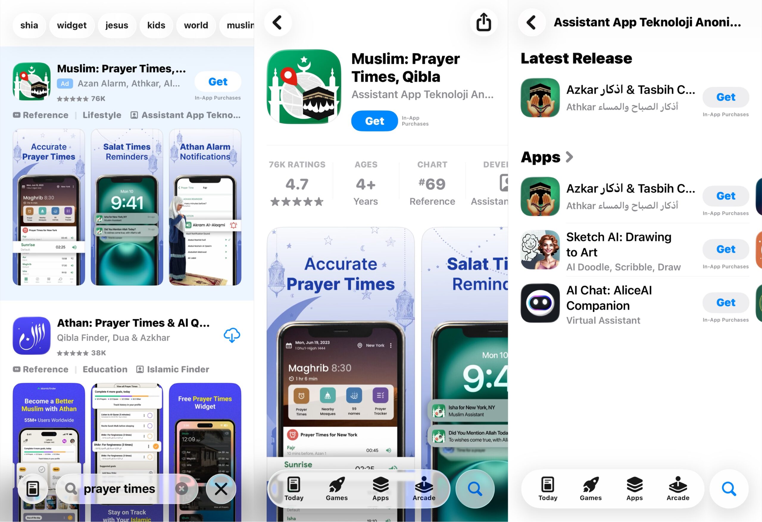 من موقع فون إسلام: لقطة شاشة لمتجر التطبيقات تظهر نتائج البحث عن "مواقيت الصلاة"، ويظهر فيها تطبيق "مسلم: تطبيق "مواقيت الصلاة والقبلة" مع التقييمات والصور واقتراحات أوقات الصلاة المشابهة.