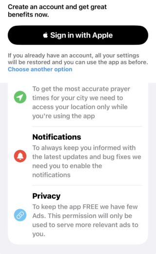من موقع فون إسلام: شاشة تسجيل الدخول إلى التطبيق لـ تطبيقات أوقات الصلاة تعرض خيارات تسجيل الدخول باستخدام Apple، وتمكين الموقع لأوقات الصلاة، والسماح بالإشعارات، ومعلومات الخصوصية للحماية من اختراق الخصوصية والإعلانات.