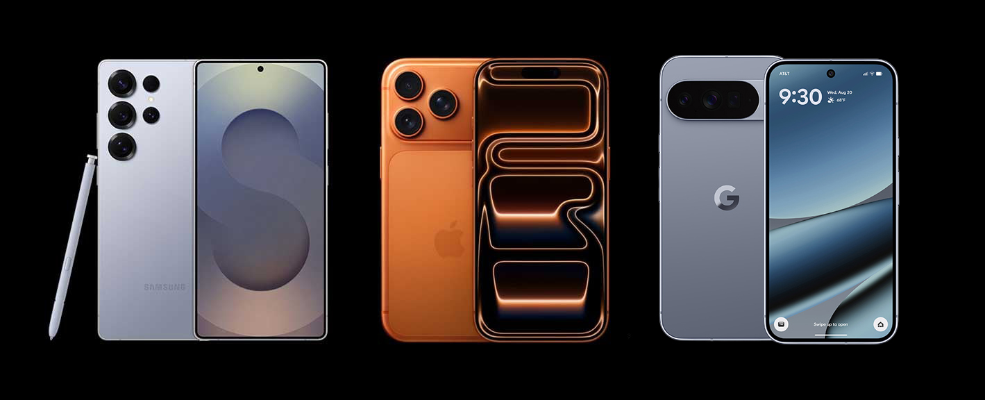 من موقع فون إسلام: تظهر ثلاثة هواتف ذكية: سامسونج جالاكسي مع قلم، وآيفون برتقالي اللون يبرز كاميرا آي فون 17 برو وجوجل بيكسل، وكل منها يعرض شاشته الرئيسية على خلفية سوداء.