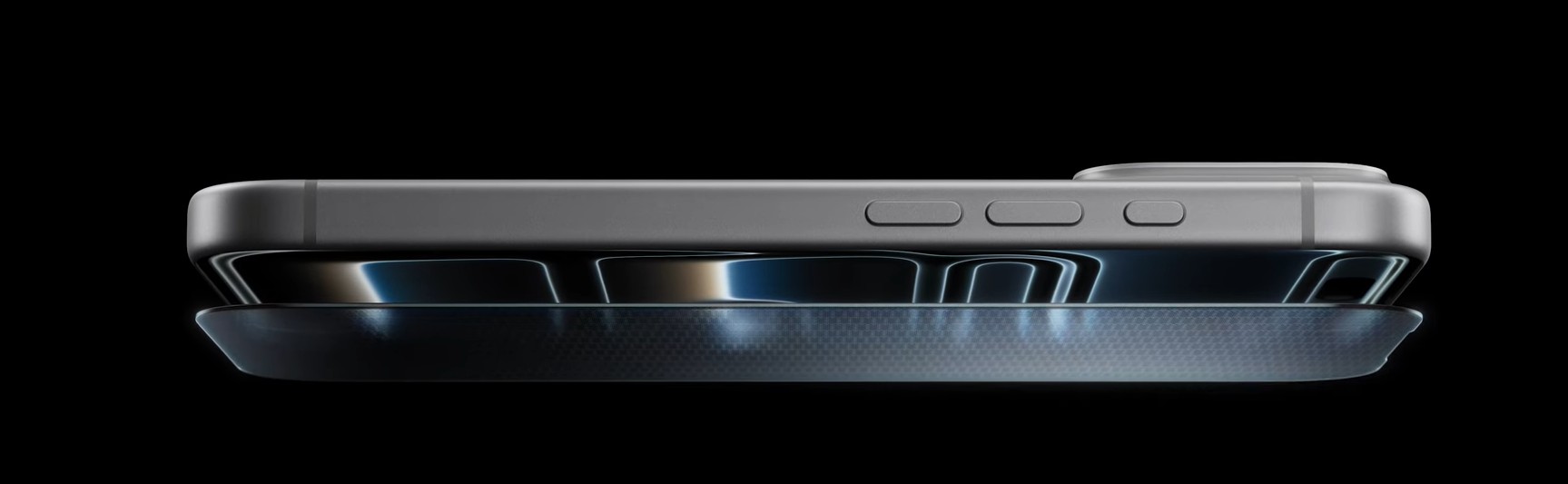 来自 Phone Islam：现代智能手机的侧面图，类似于 Pro、Pro、i、Pro 17，在黑色背景下显示其按钮和略微突出的摄像头模块。