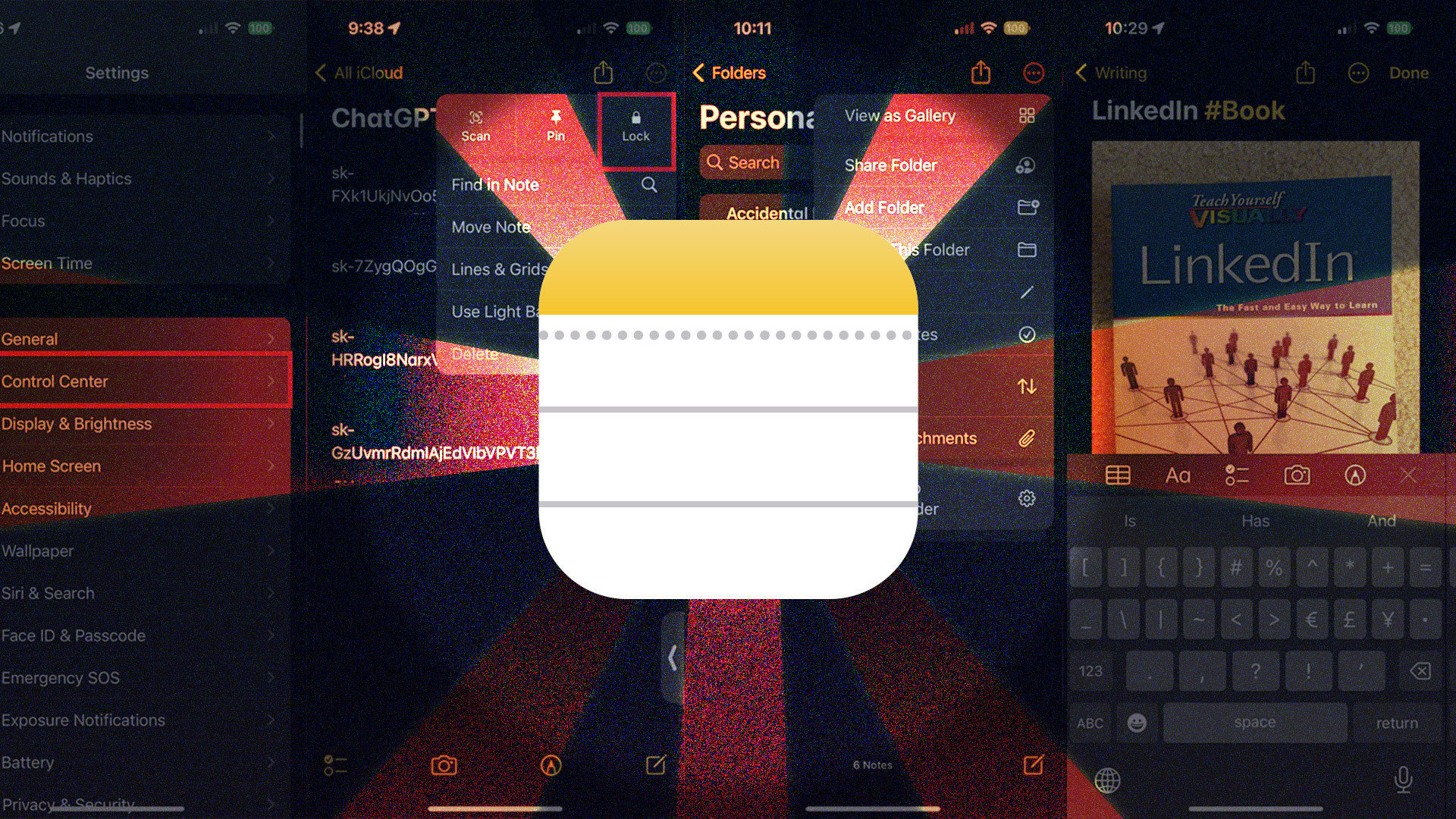 من موقع فون إسلام: يتوسط أيقونة تطبيق تطبيق تطبيق الملاحظات الكبير من آبل فوق مجموعة داكنة ومرئية جزئياً من مجلدات iPhone وشاشات تدوين الملاحظات.