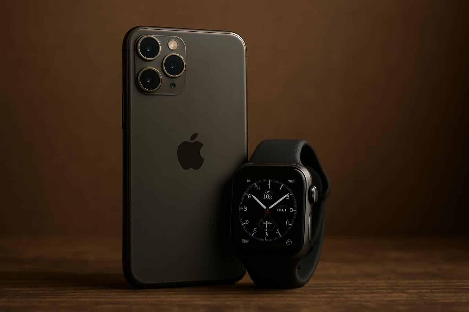 من موقع فون إسلام: هاتف آيفون أسود اللون من Apple مزود بثلاث كاميرات خلفية يقف في وضع مستقيم على سطح خشبي بجانب ساعة Apple Watch سوداء تعرض وجه ساعة رقمية مثالية لمتابعة أخبار التقنية الأسبوعية في سبتمبر 2023.