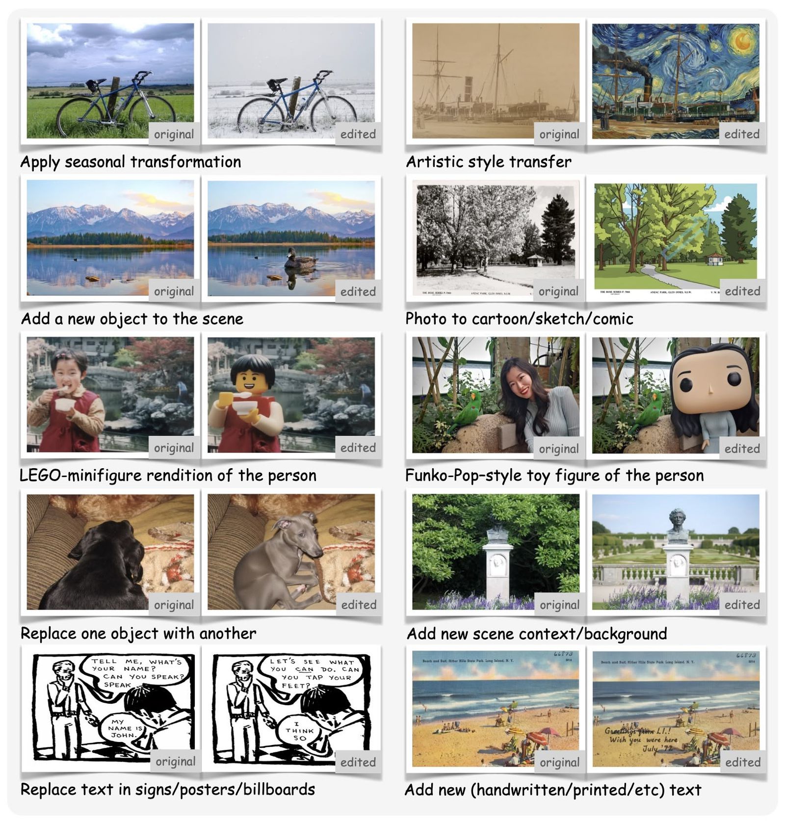 من موقع فون إسلام: مجموعة من أمثلة تحرير الصور، تعرض النسخ الأصلية والمعدلة مع تأثيرات مثل تغيير الموسم ونقل النمط وإضافة الكائنات, مؤثرات كرتونية واستبدال الخلفية-مثالية لملخص أسبوعي لأخبار التقنية في اكتوبر 2023.