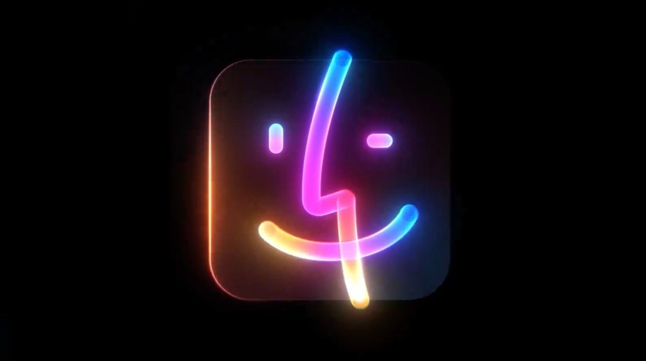 من موقع فون إسلام: أيقونة شعار Apple Finder بلون النيون على خلفية سوداء، مثالية لحملات الإعلانات أو إبراز أجهزة جديدة.