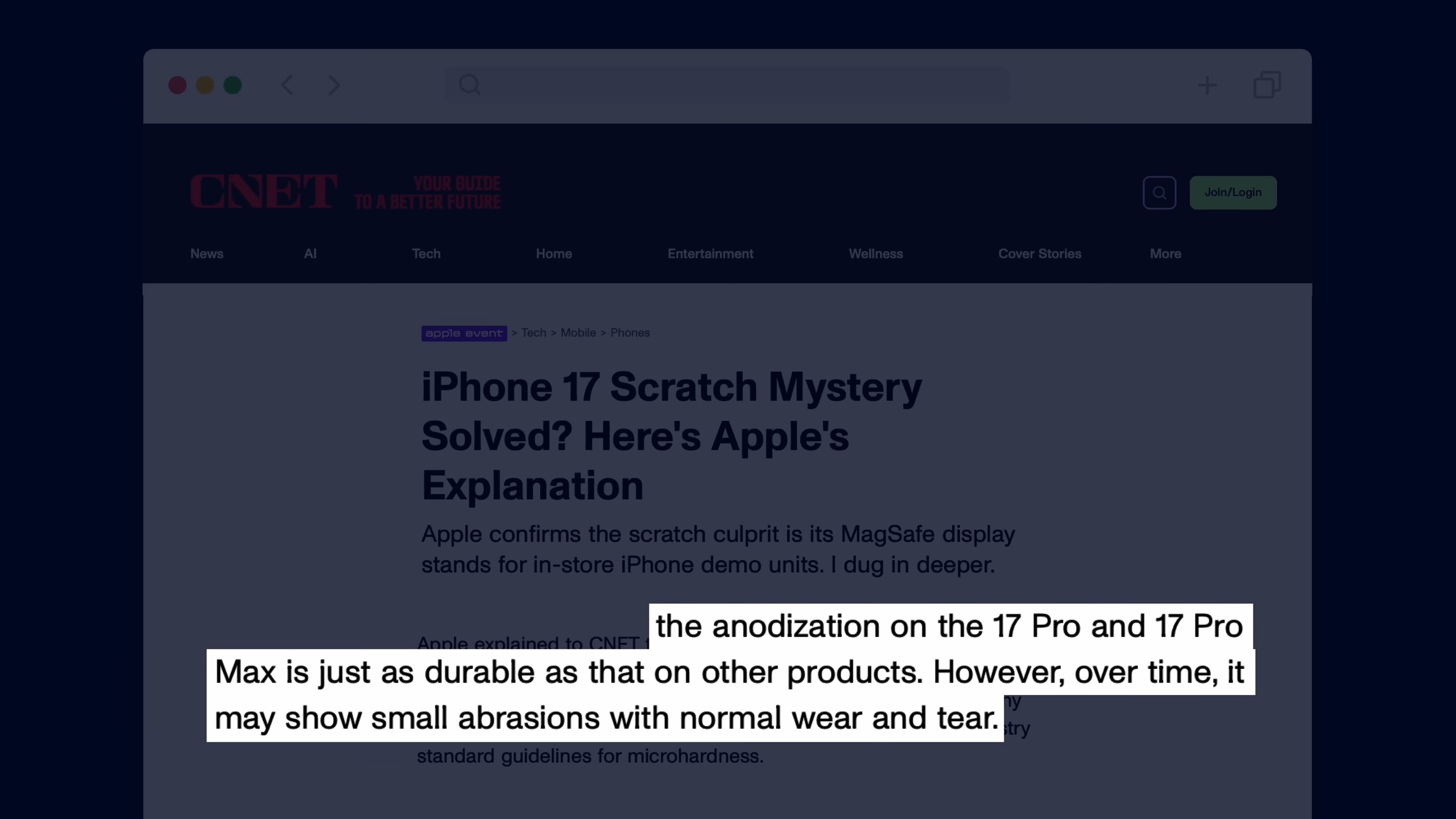 من موقع فون إسلام: تعرض صفحة الويب مقالاً لـ CNET حول خدوش iPhone 17، مع نص مميز يتحدث عن التآكل العادي والخدوش على أنودة الجهاز، مشيراً إلى أن هناك أخطاء في معالجة مشكلة خدوش الآيفون.