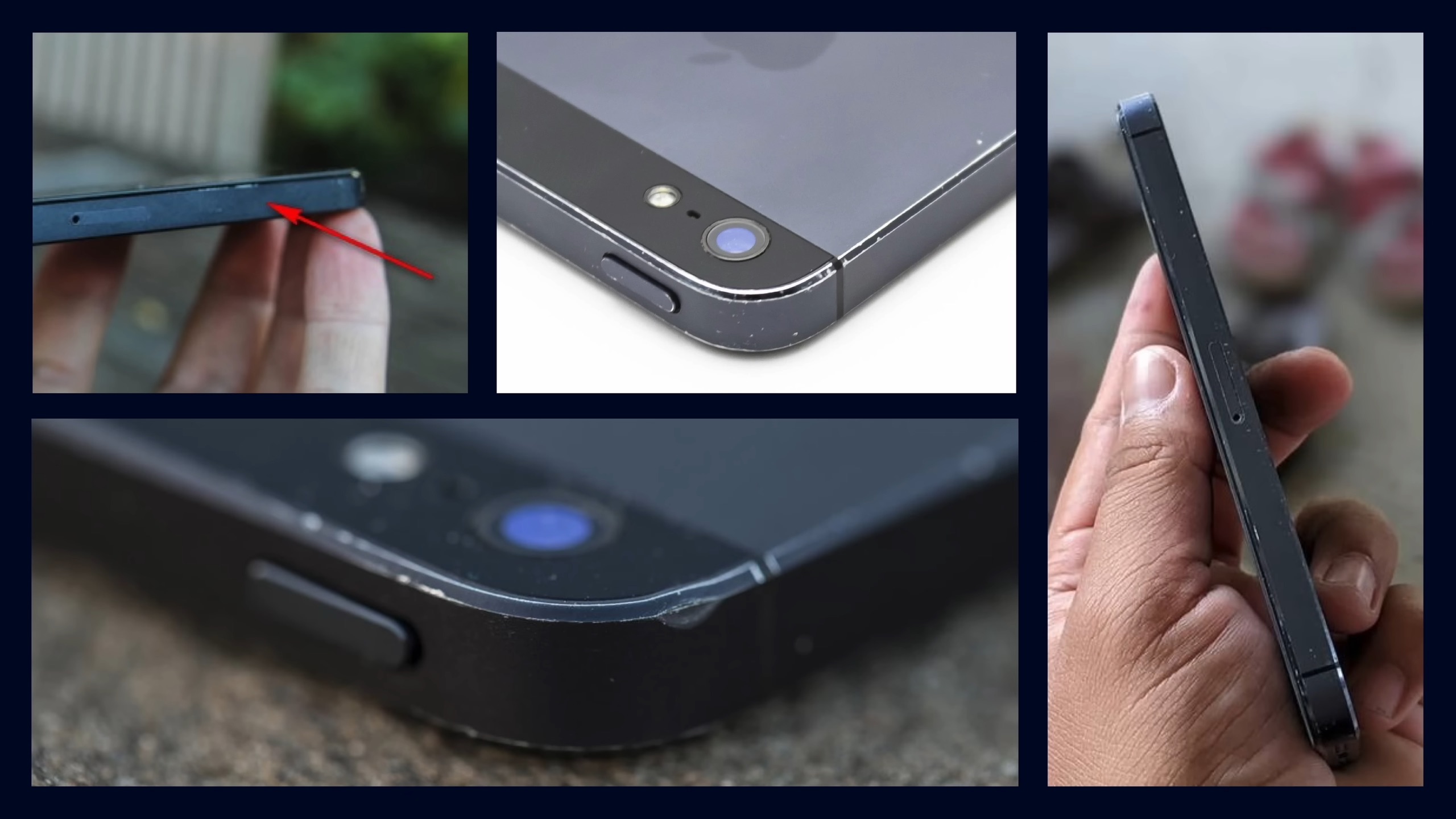 من موقع فون إسلام: مجموعة من أربع صور عن قرب تُظهر هاتفًا ذكيًا أسود اللون به خدوش وخدوش وتآكل ملحوظ على حوافه ومنطقة الكاميرا، مما يسلط الضوء على خدش الآي-فون ويثير تساؤلات حول متانة جهاز آبل.