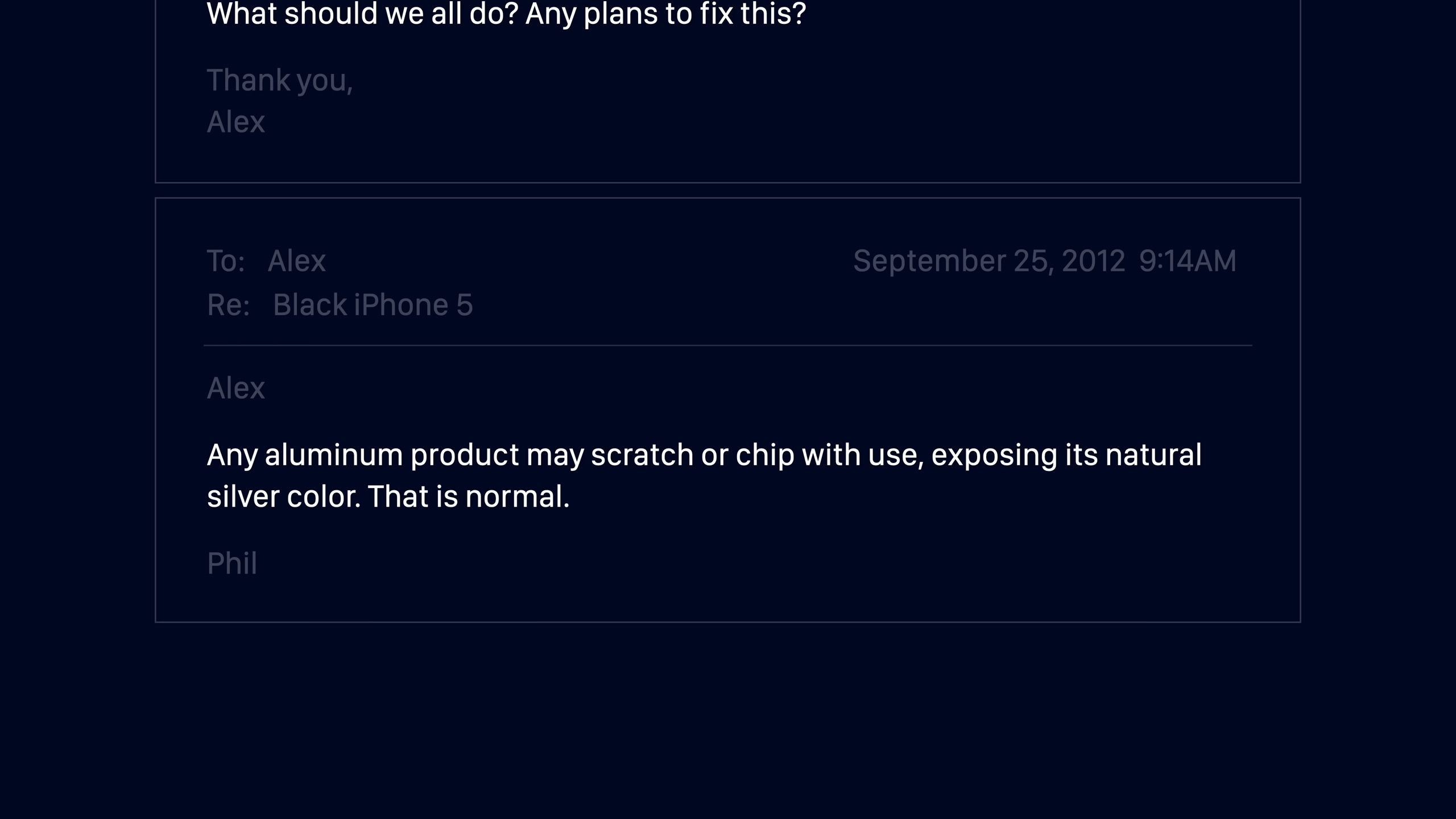 من موقع فون إسلام: يوضح أحد المستخدمين أن منتجات الألومنيوم، مثل تلك المصنوعة من آبل قد تتعرض للخدش أو التشقق مع الاستخدام - مما يكشف عن لونها الفضي الطبيعي - ويشير إلى أن هذا أمر طبيعي، وليس مشكلة في منتجات الألومنيوم.