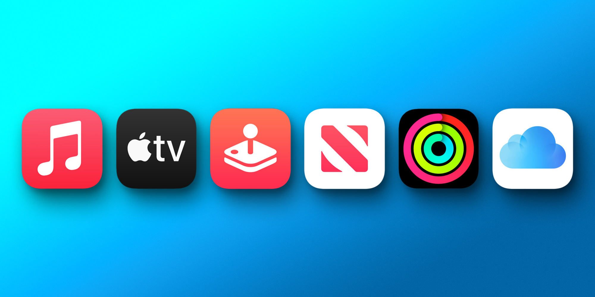من موقع فون إسلام: ستة أيقونات لخدمات Apple على خلفية متدرجة زرقاء: Apple Music وApple Music وApple TV وApple Arcade وApple News وApple Fitness وiCloud، تبرز ضمن أرباح أبل المتوقعة في الربع الرابع من عام 2025.