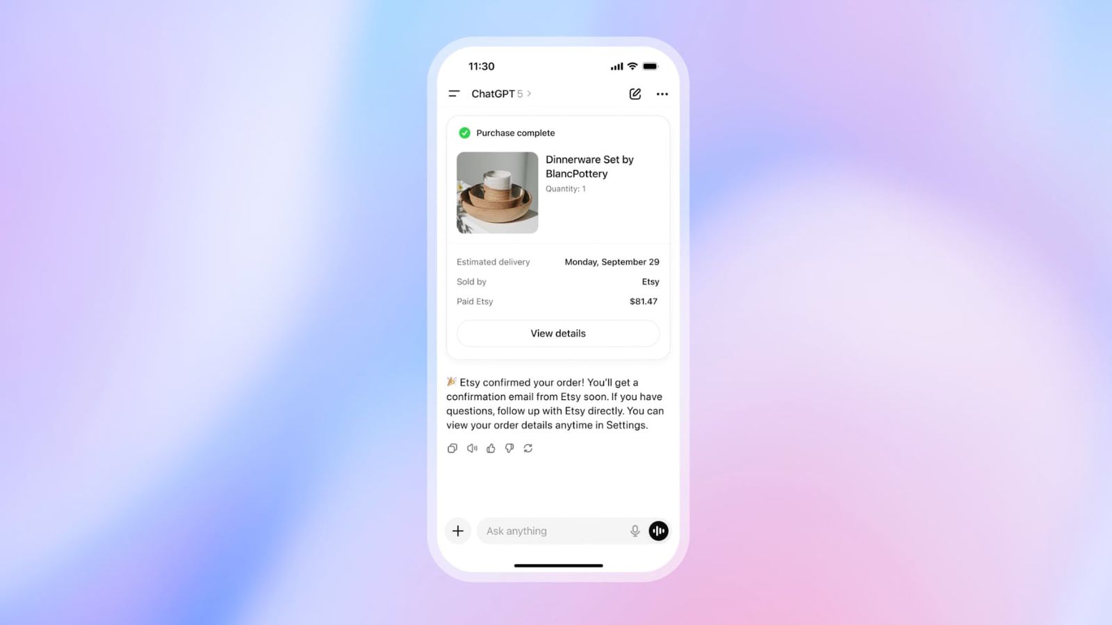 من موقع فون إسلام: تعرض شاشة الهاتف الذكي تأكيد شراء لطقم أواني طعام من Etsy، إلى جانب أخبار التقنية التي تعرض تفاصيل الطلب وتاريخ التسليم المتوقع.