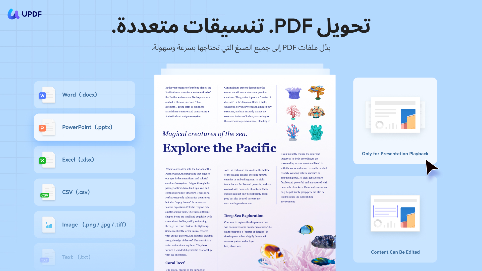 من موقع فون إسلام: رسم بياني يوضح تحويل PDF إلى تنسيقات مثل Word وPowerPoint وExcel وCSV باستخدام UPDF. يتميز بعينة من خيارات المستندات لخيارات العرض أو تحرير ملفات PDF، بدعم من الذكاء الاصطناعي. يظهر النص باللغتين العربية والإنجليزية.