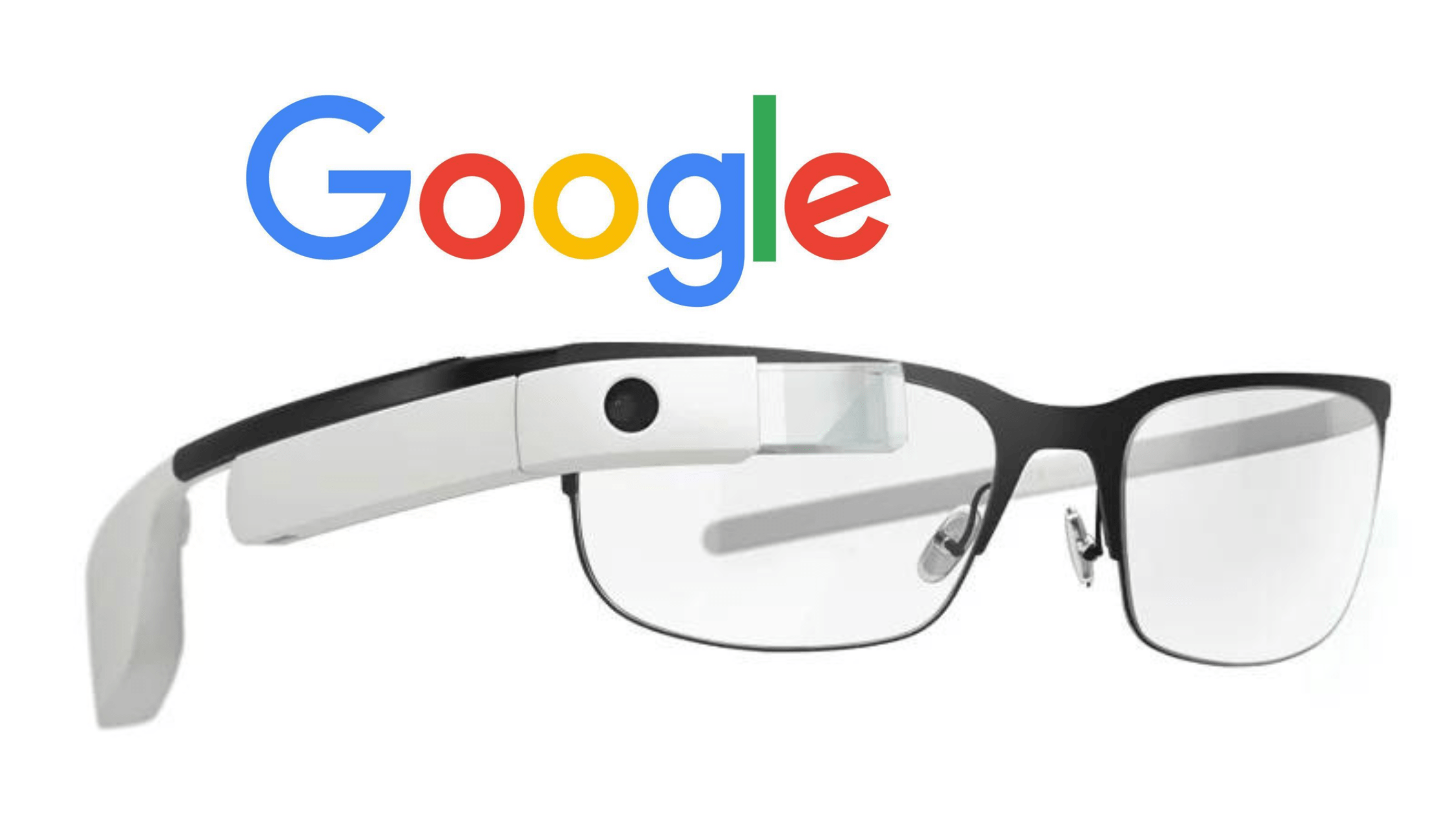 من موقع فون إسلام: زوج من نظارات Google Glass الذكية بشاشة وإطار شفافين، يظهران أسفل شعار Google على خلفية بيضاء، مما يبرز التكنولوجيا التي تتجاوز الهواتف الذكية.