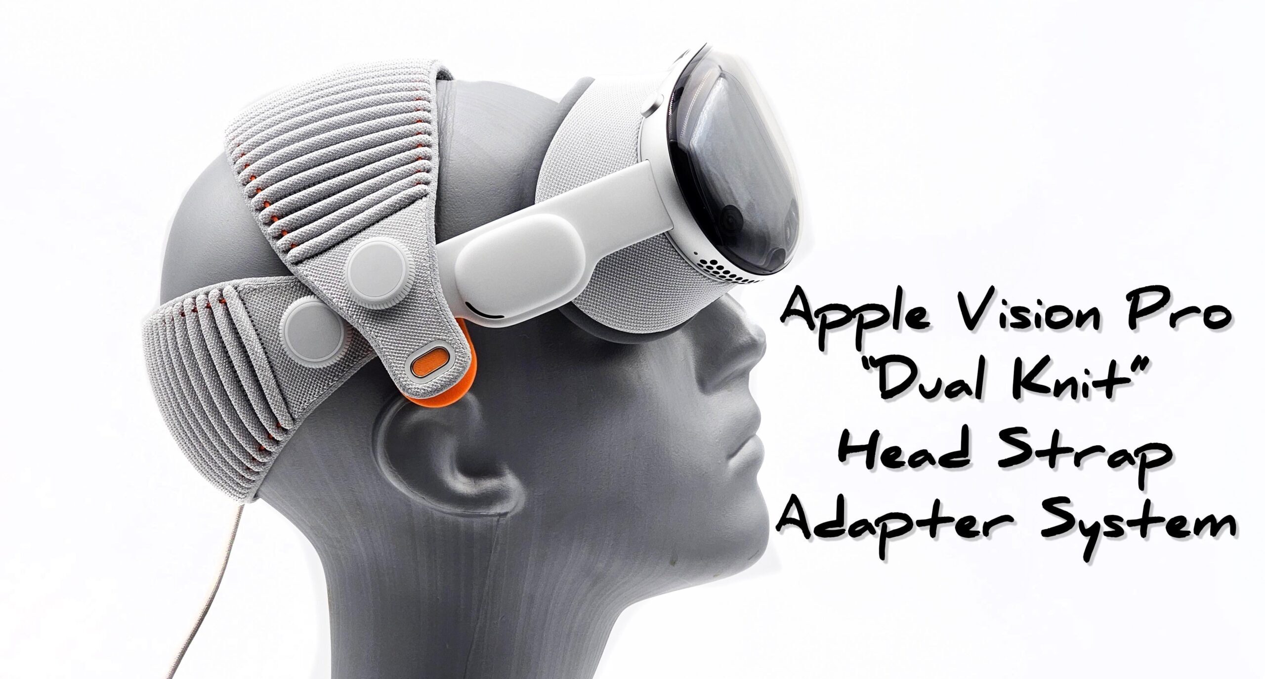من موقع فون إسلام: رأس تمثال عرض أزياء يرتدي سماعة رأس Apple Vision Pro مع مهايئ حزام رأس مزدوج متماسك; نص يقول "نظام مهايئ حزام الرأس "ثنائي الحياكة" من Apple Vision Pro "نظام محول حزام الرأس المزدوج المحبوك" - يظهر في ملخص لأخبار التقنية سبتمبر 2023.