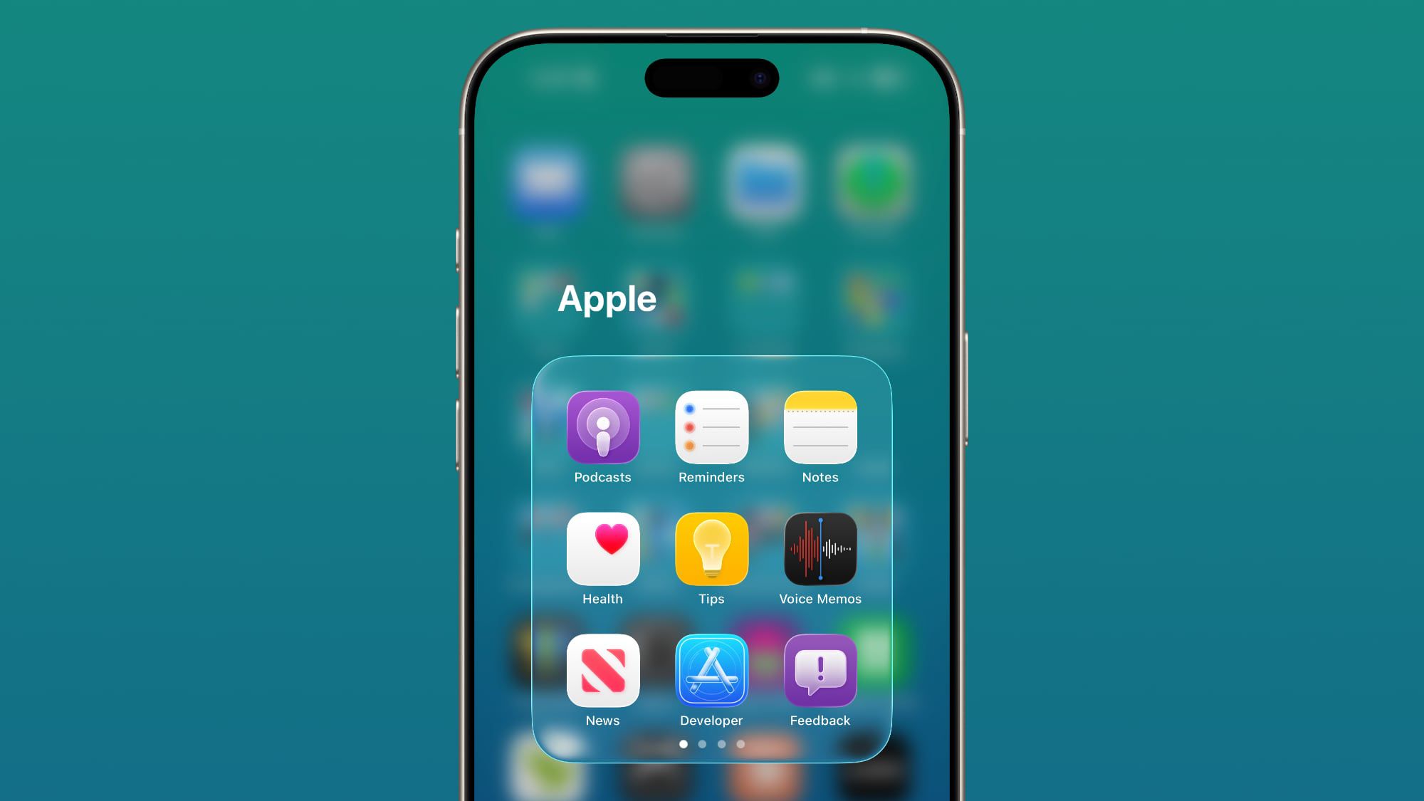 من موقع فون إسلام: تعرض شاشة الهاتف الذكي مجلدًا مفتوحًا يحمل اسم "Apple" يحتوي على تسعة أيقونات تطبيقات، تعرض ميزات تحديث iOS 26.1 للآي-فون مثل البودكاست، التذكيرات، الملاحظات، الملاحظات، الصحة، النصائح، المذكرات الصوتية، الأخبار، المطور و الملاحظات.