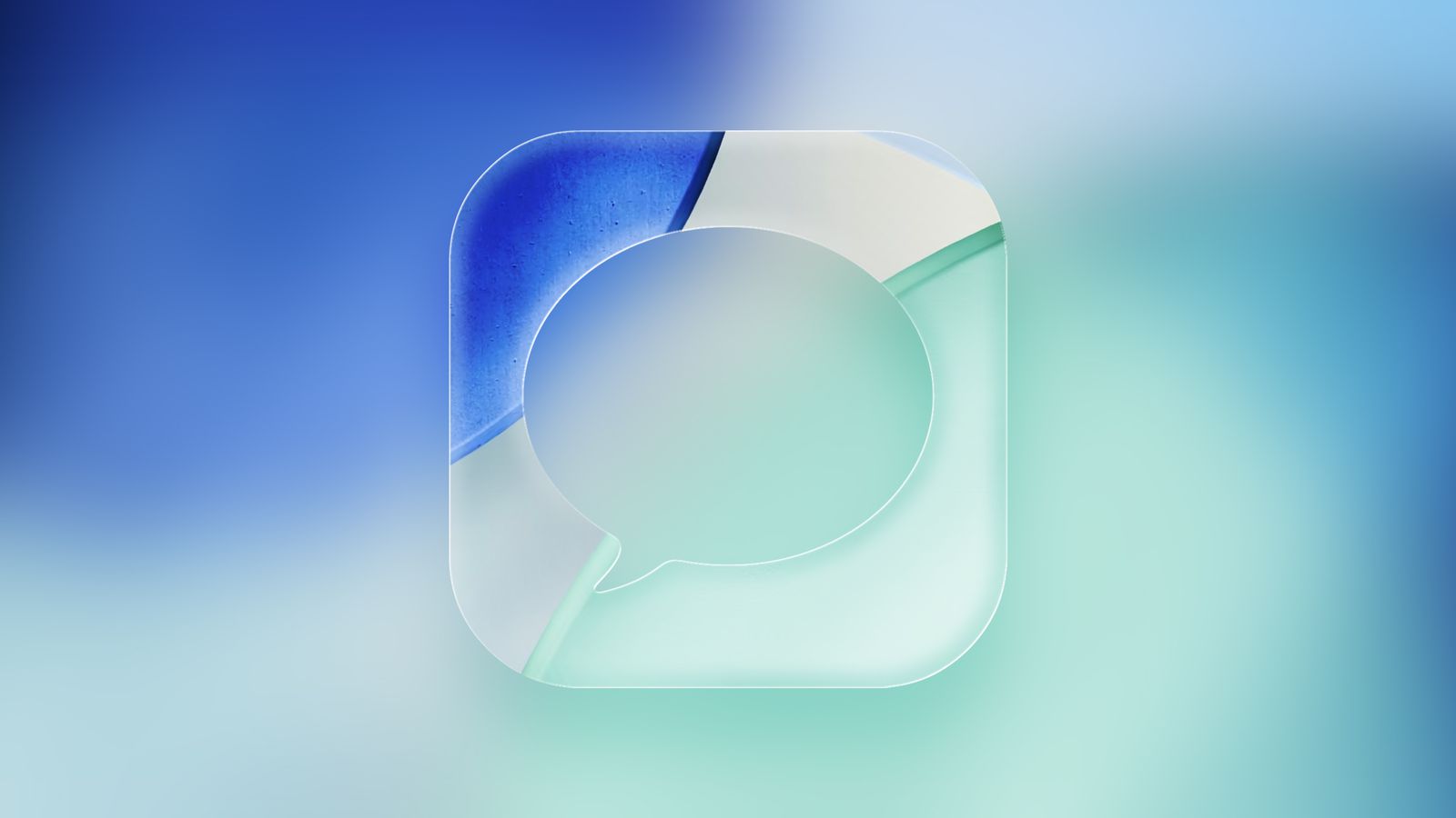 از Phone Islam: یک آیکون حباب چت شفاف با بخش‌های آبی و سبز، در پس‌زمینه‌ای با گرادیان آبی و سبز مات، که از ویژگی جدید iOS 26 الهام گرفته شده، خودنمایی می‌کند.