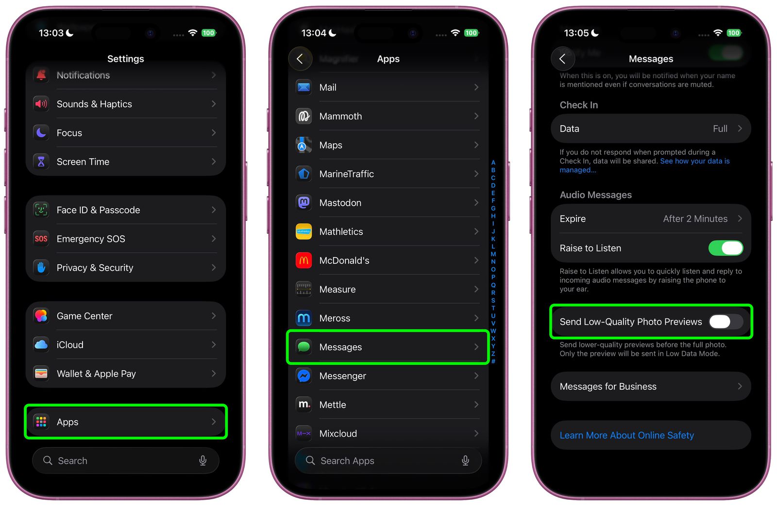 از Phone Islam: سه صفحه گوشی هوشمند، مراحل فعال‌سازی ویژگی «ارسال پیش‌نمایش تصاویر با کیفیت پایین» در برنامه Messages را در تنظیمات iOS 26 نشان می‌دهند که هر مرحله با یک کادر سبز به وضوح مشخص شده است.