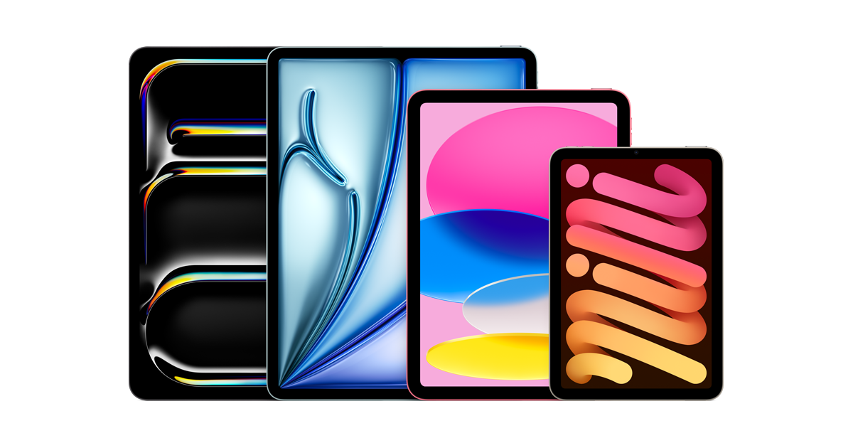 من موقع فون إسلام: يتم عرض أربعة أجهزة لوحية بأحجام مختلفة تقف في صف واحد، كل منها بتصميم شاشة ملونة مختلفة - تعرض ابتكارات أبل قبل الربع الرابع 2025.