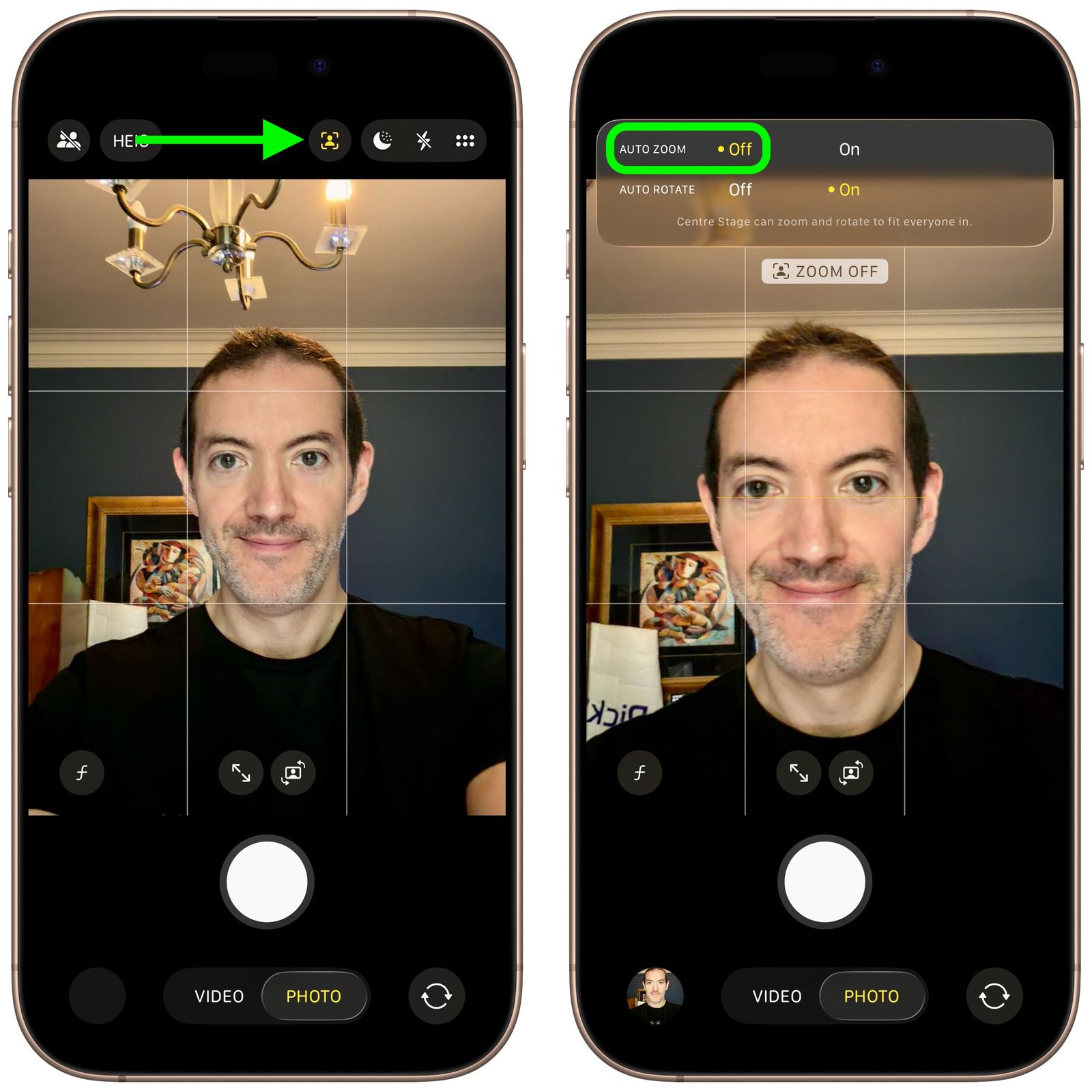 من موقع فون إسلام: منظر جانبي لتطبيق كاميرا آي-فون 17 في وضع السيلفي مع إيقاف تشغيل كاميرا مركزية كاميرا؛ تُظهر الشاشة اليسرى أيقونة الإعدادات وتبرز اليمنى "تكبير تلقائي: إيقاف".