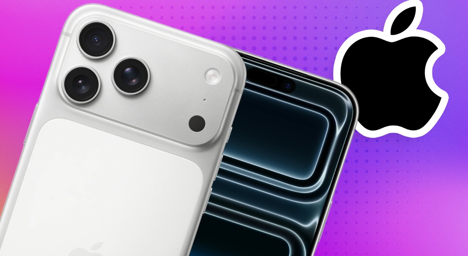 من موقع فون إسلام: صورة مقربة لهاتفي آيفون من آبل، بما في ذلك آي ڤون- 18 بروو، تظهر كاميراتهما وشاشات العرض مع شعار آبل على خلفية متدرجة باللونين الأرجواني والوردي تبرز ميزات آي ڤون.