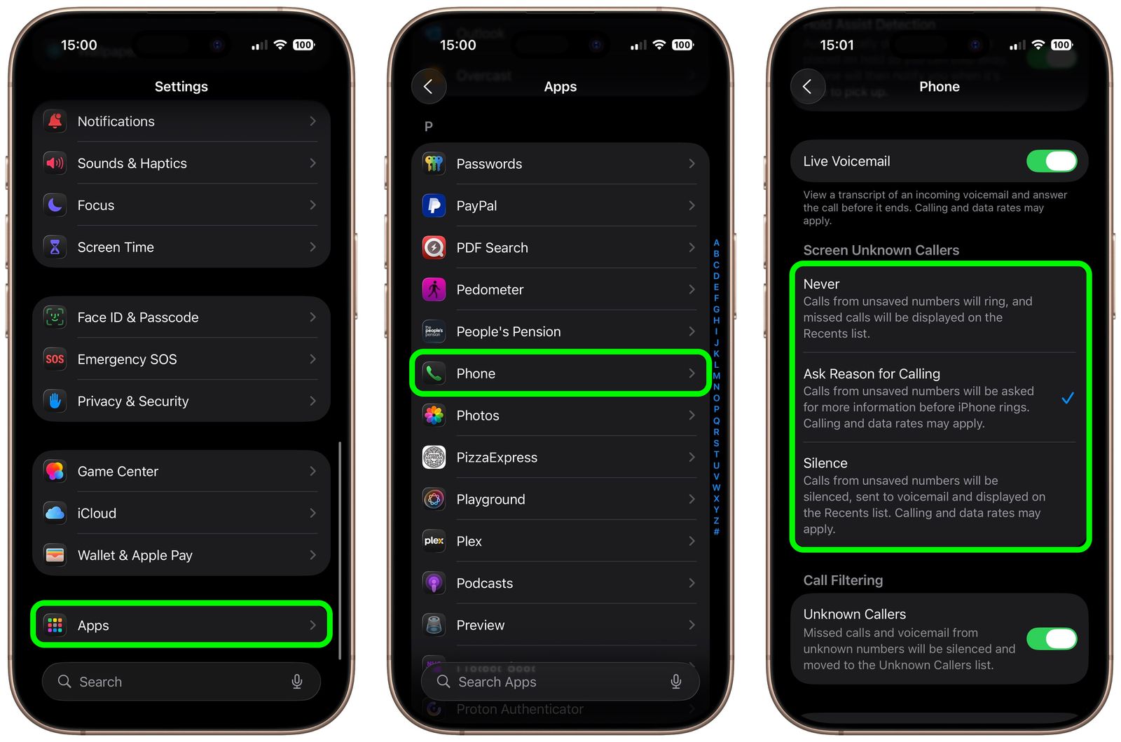 من موقع فون إسلام: تعرض ثلاث شاشات للهاتف الذكي خطوات الوصول إلى إعدادات "شاشة المتصلين غير المعروفين" وضبطها داخل تطبيق الآي فون-فون فون للهاتف, مع إبراز الخيارات ذات الصلة في المربعات الخضراء-ميزة تساعدك لتكون سكرتيرك الخاص ومعرفة سبب الاتصال.