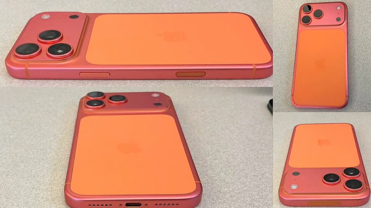 من موقع فون إسلام: أن أي أي-فون برو برو برو البرتقالي 17 مع جراب وردي وبرتقالي يظهر من زوايا، مع التركيز على الكاميرات الخلفية الثلاثة ومنافذ الجهاز وأزراره.