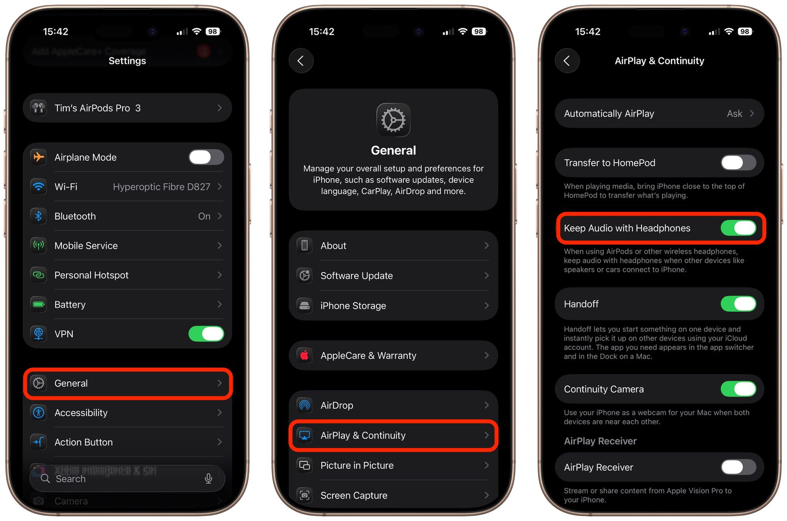 من موقع فون إسلام: ثلاث شاشات iPhone تعرض التنقل في الإعدادات: فتح "عام"، واختيار "AirPlay & Continuity"، وتبديل "الاحتفاظ بالصوت مع سماعات الرأس" على-للحفاظ على سماعات AirPods متصلة دون انقطاع داخل سيارتك.