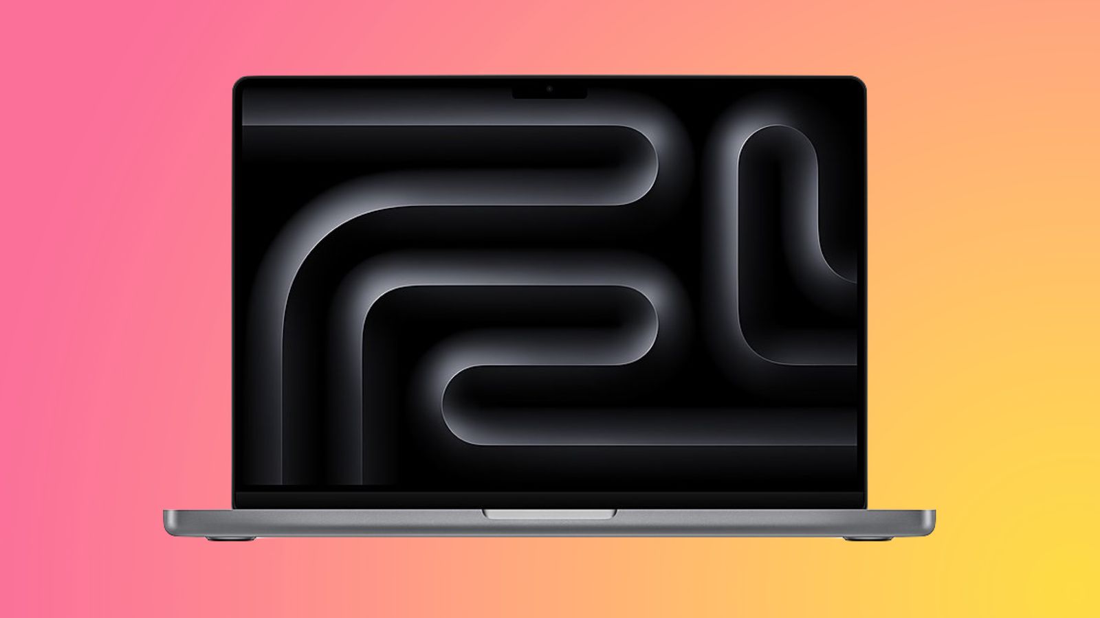 من موقع فون إسلام: جهاز كمبيوتر محمول بنمط تجريدي داكن على شاشته على خلفية متدرجة من الوردي إلى الأصفر، وهو مثالي لمتابعة أخبار التقنية وملخص الأسبوع لشهر سبتمبر.