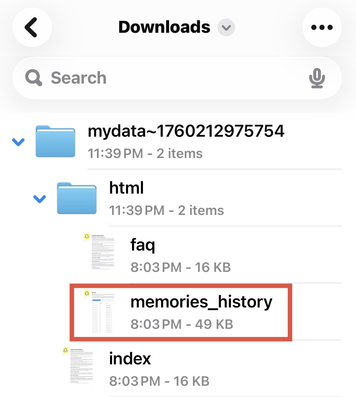 Von Phone Islam: Der Download-Ordner zeigt Unterordner und Dateien an, wobei die Datei „memories_history“ rot hervorgehoben ist – perfekt für alle, die Snapchat-Erinnerungen einfach exportieren möchten.
