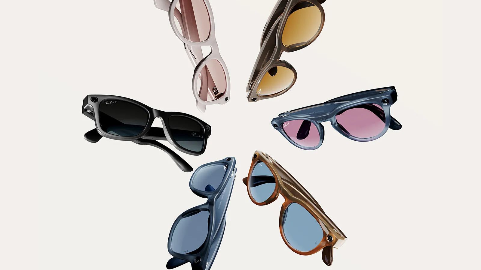 من موقع فون إسلام: ستة أزواج من النظارات الشمسية بألوان إطارات وألوان عدسات مختلفة مرتبة في دائرة على خلفية فاتحة عادية، كما هو معتاد في أخبار على الهامش للأسبوع 10 - 16 اكتوبر.