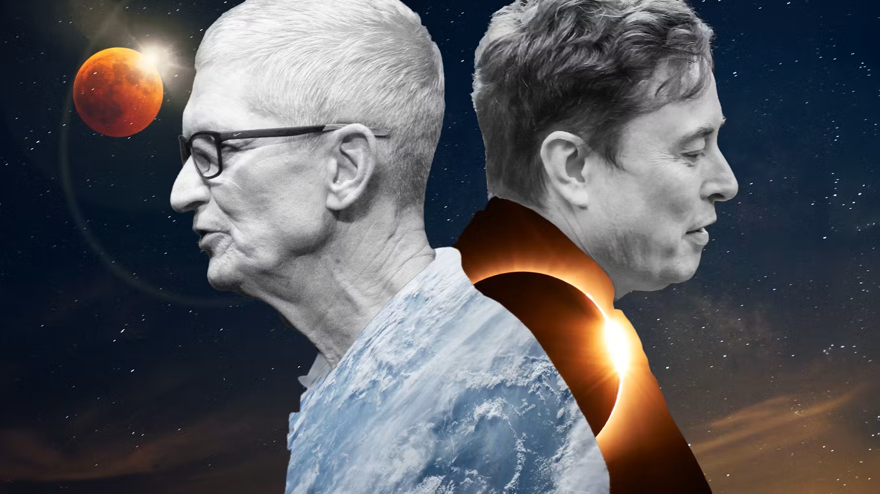 من موقع فون إسلام: يقف رجلان ظهراً لظهر، مدمجين مع صورة للأرض، بينما يضيء كسوف القمر وكسوف الشمس في الخلفية - في إشارة إلى وجود صفقة بين عمالقة التكنولوجيا مثل أبل والشركات ذات الرؤية.