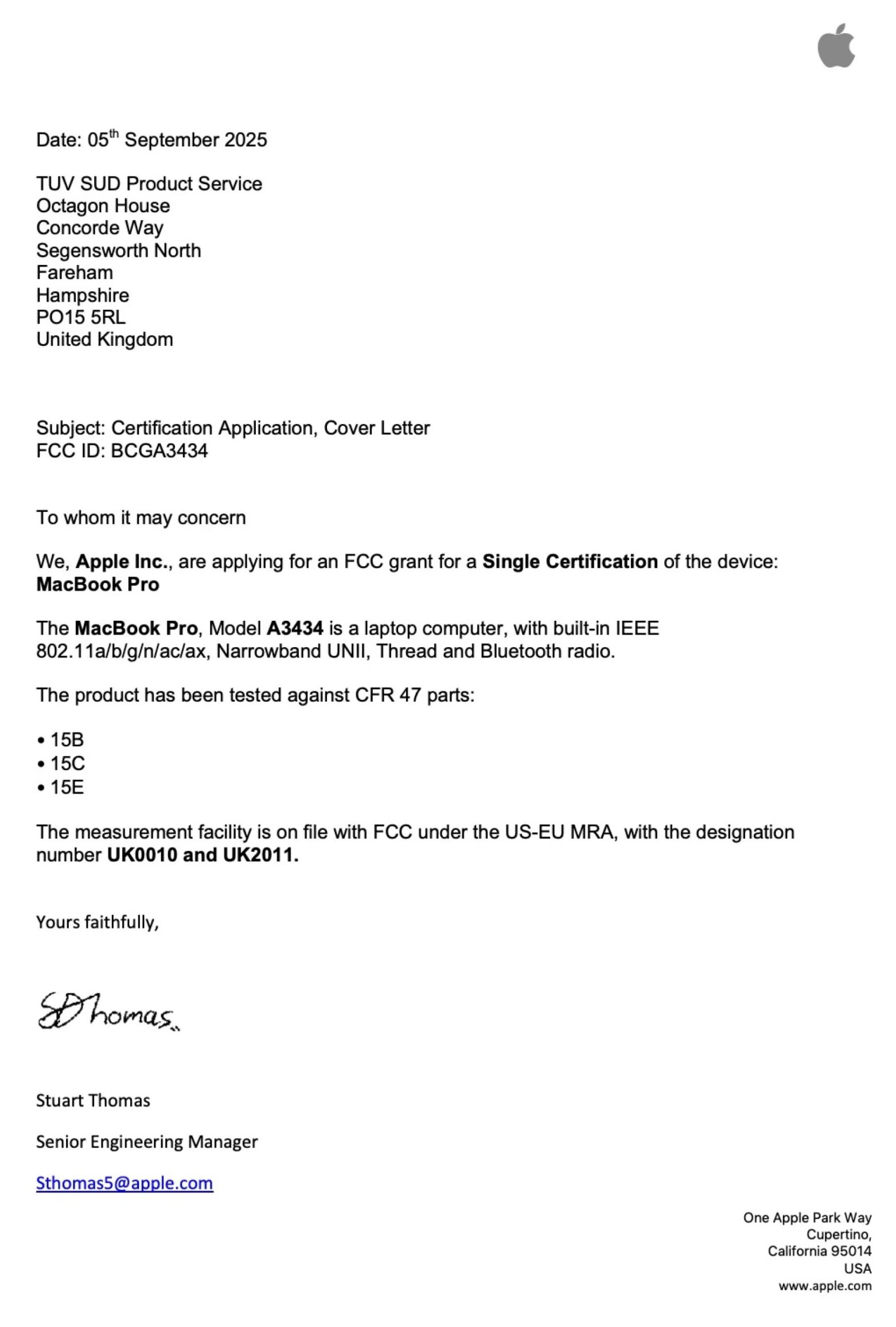 من موقع فون إسلام: رسالة رسمية من شركة Apple Inc. تطلب شهادة FCC لجهاز MacBook Pro طراز A343434، وهو أحد أجهزة آبل الجديدة، بما في ذلك التفاصيل الفنية ومعلومات الاتصال.