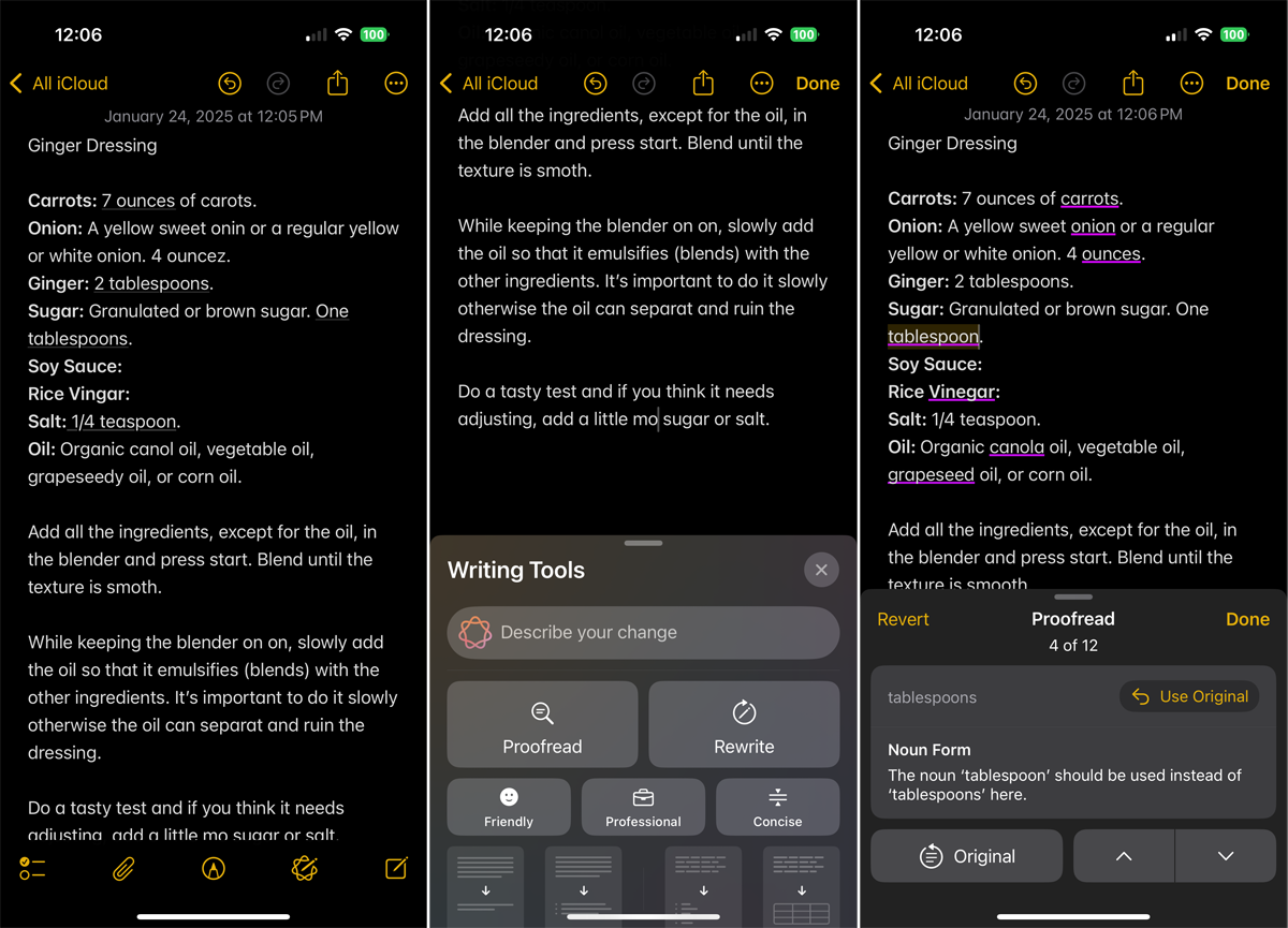 من موقع فون إسلام: أربع شاشات على iPhone تعرض ملاحظة مع وصفة تتبيلة الزنجبيل في تطبيق الملاحظات من آبل وخيارات التحرير وواجهة أداة الكتابة Grammarly. يظهر نص الوصفة بصيغتيه الأصلية والمنقحة.