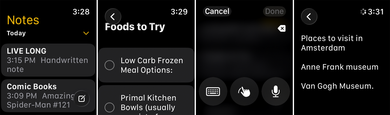 من موقع فون إسلام: مجموعة من ثلاث لقطات شاشة للهاتف المحمول: تطبيق الملاحظات من آبل يظهر ملاحظات عن القصص المصورة قائمة طعام متنوعة، وملاحظة صوتية لأماكن ينصح بزيارتها في أمستردام مثل المتاحف.