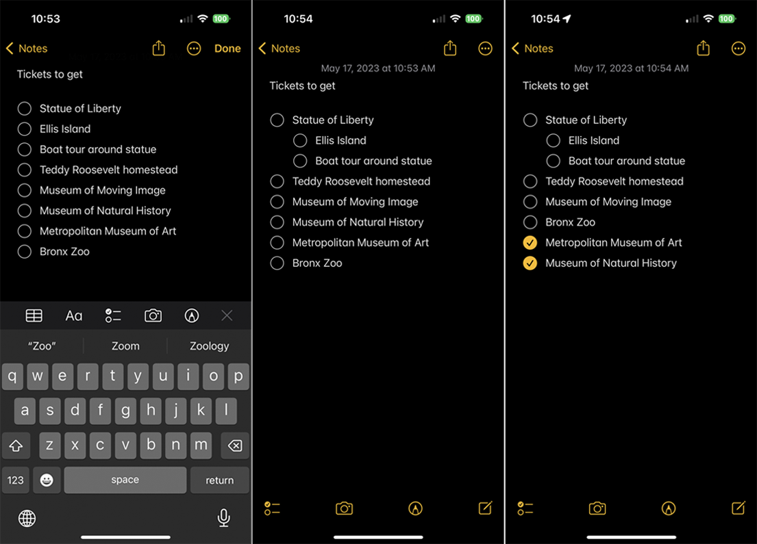 من موقع فون إسلام: عرض ثلاث لقطات شاشة تطبيق الملاحظات آبل مع قائمة تدقيق لمعالم نيويورك؛ يظهر في أحدها لوحة المفاتيح، يظهر في بعض العناصر المحددة، مما يجعلها ميز ميز ميز ميز وسهولة تنظيم المعلومات بينما يظهر في بعض العناصر المحددة، مما يبرز ميزات تطبيق الملاحظات وسهولة تنظيم المعلومات.