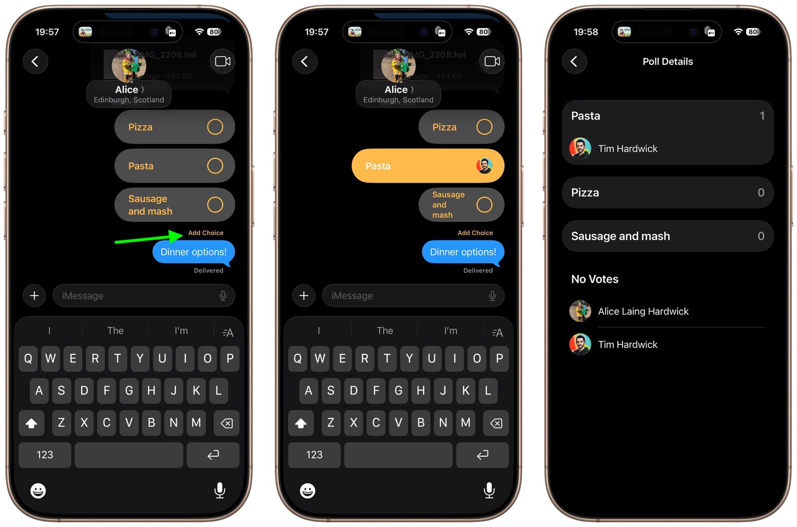 Z serwisu Phone Islam: Na trzech ekranach smartfonów wyświetlana jest aplikacja „App” w systemie iOS 26, oferująca użytkownikom możliwość utworzenia ankiety dotyczącej kolacji z makaronem, pizzą, kiełbasą i truflami, w oczekiwaniu na pierwsze głosy.