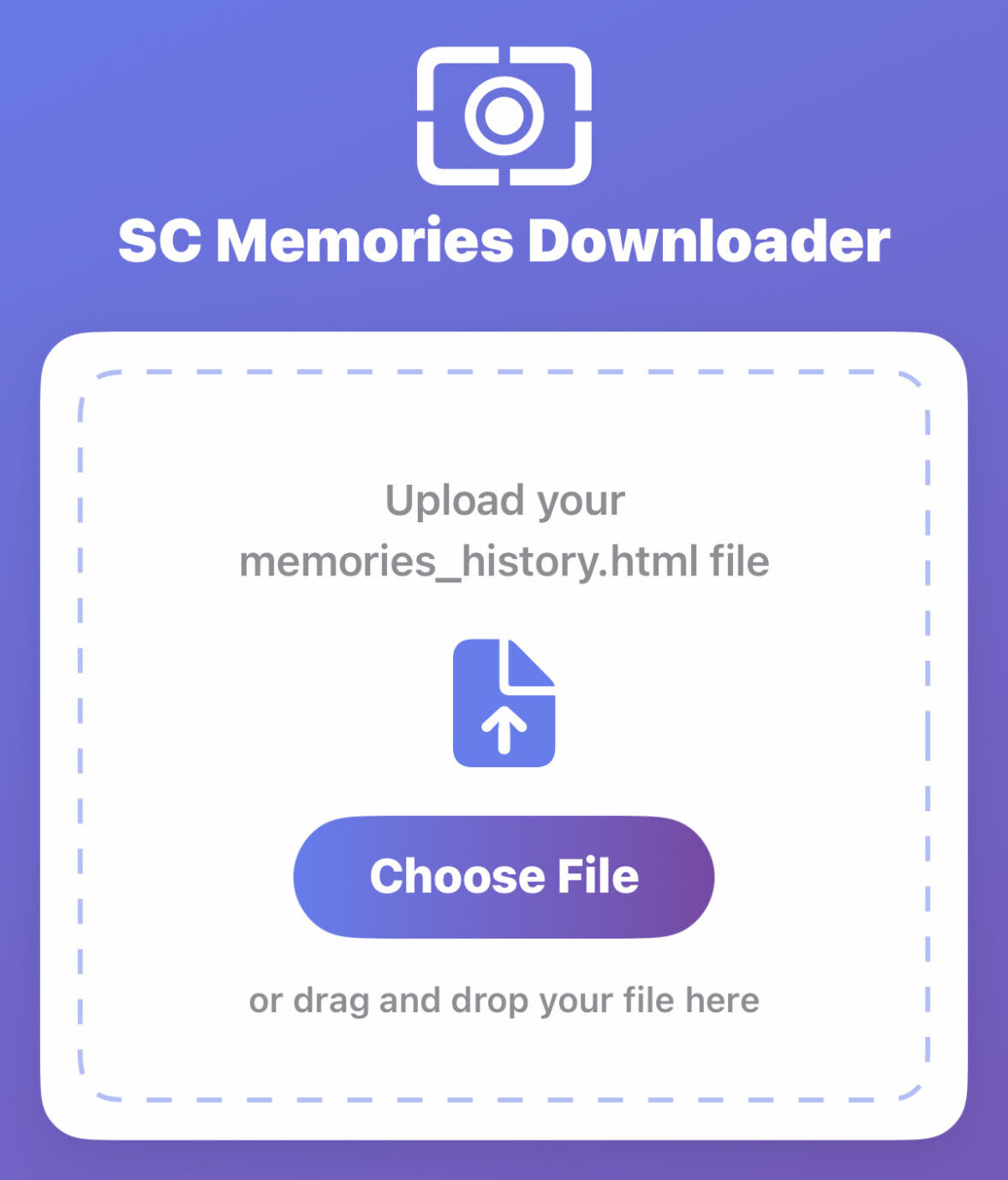 Von Phone Islam: Ein Screenshot der SC Memories Downloader-Oberfläche, die Benutzer auffordert, die Datei memories_history.html herunterzuladen, mit Optionen zum Herunterladen, Zugreifen auf Einstellungen und Informationen zum Tool zum einfachen Exportieren von Snapchat-Erinnerungen.
