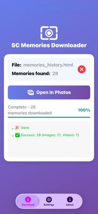 Von Phone Islam: Screenshot des SC Memories Downloader mit 28 gefundenen Erinnerungen, die alle erfolgreich heruntergeladen wurden, mit 21 Fotos und 7 Videos, und der Exportstatus ist als 100 % abgeschlossen gekennzeichnet.