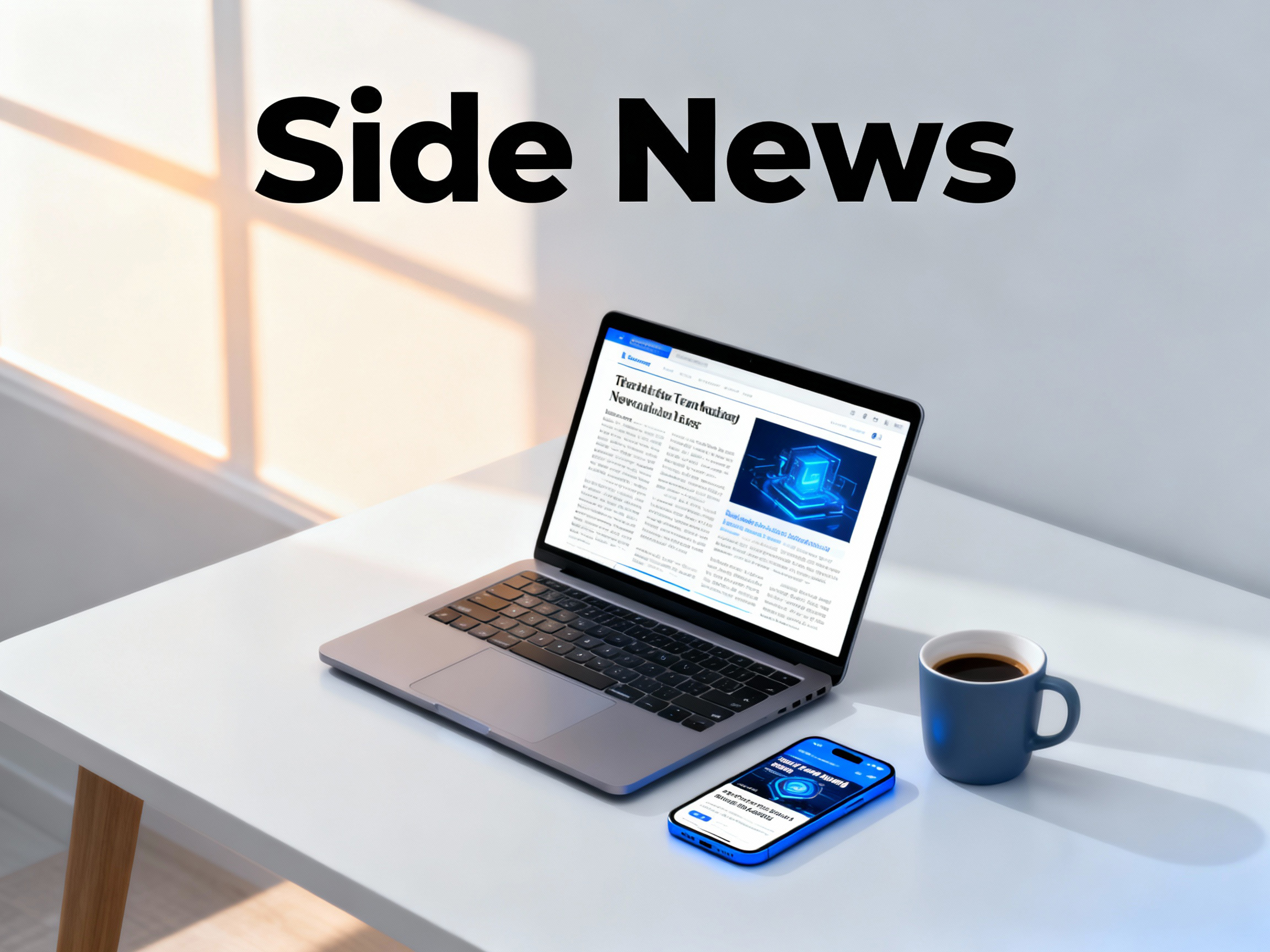 من موقع فون إسلام: جهاز كمبيوتر محمول يعرض مقالاً إخبارياً على الإنترنت، وi-فون إير يعرض تطبيقاً للهاتف المحمول، وكوب قهوة على مكتب أبيض تحت أشعة الشمس، مع نص "أخبار جانبية" أعلاه.