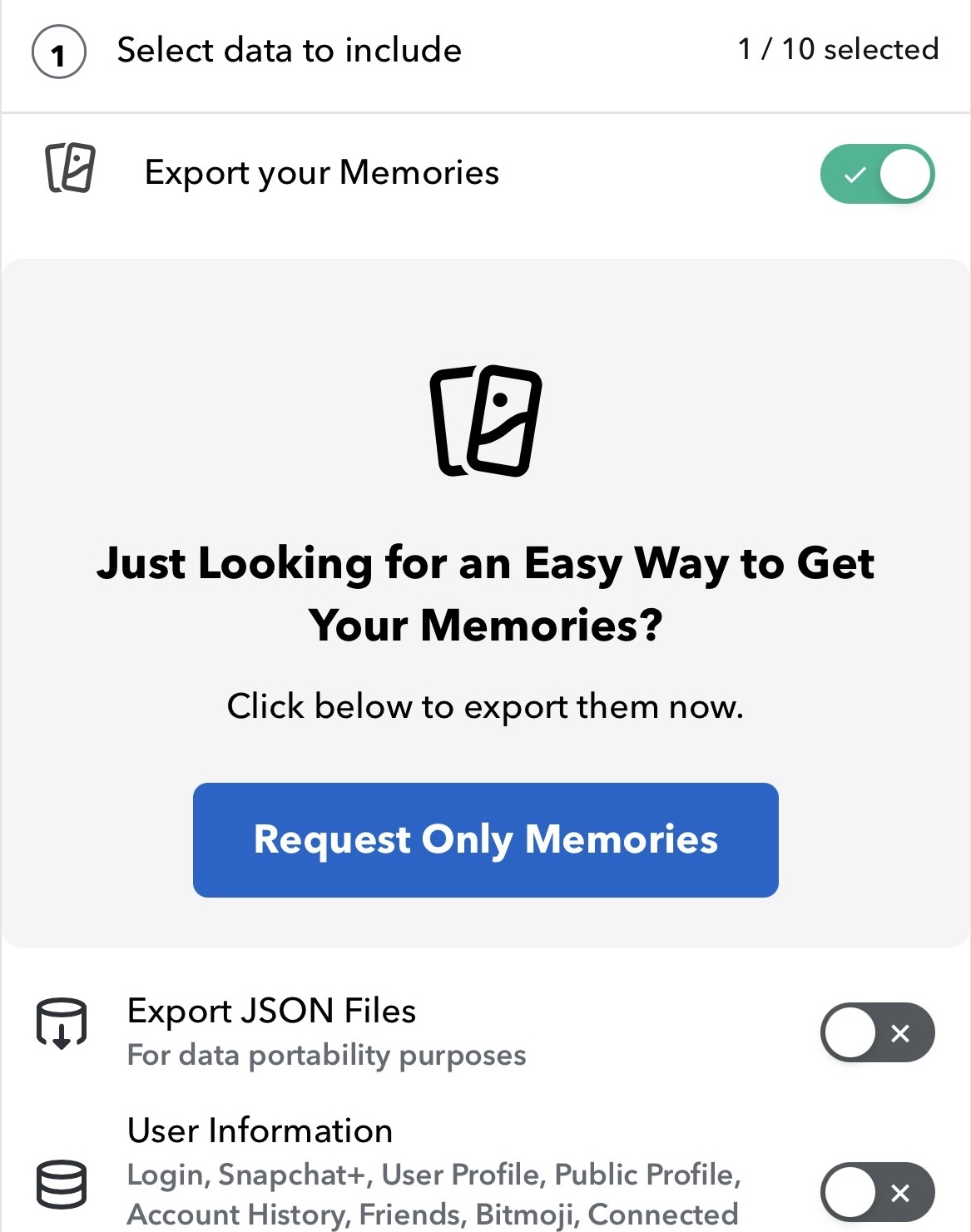 Von der Phone Islam-Website: Ein Screenshot des Datenexportbildschirms mit der Option „Erinnerungen exportieren“ und einer Schaltfläche mit der Bezeichnung „Nur Erinnerungen anfordern“. Optionen zum Exportieren von JSON-Dateien und Benutzerinformationen werden angezeigt. Die Option zum Exportieren Ihrer Erinnerungen wird in SnapScreens angezeigt.