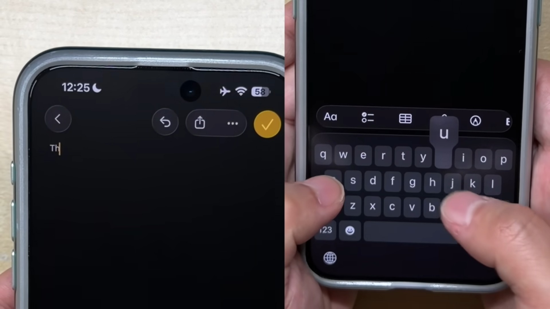 من موقع فون إسلام: شخص يكتب على هاتفين ذكيين؛ تظهر على الشاشة اليسرى تطبيق ملاحظات مع كلمة "Th"، بينما تظهر على الشاشة اليمنى أصابعه تضغط على حرف "u" على لوحة المفاتيح، وربما يستكشف تطبيق iOS 26 الذي تسبب في إربد الآي-فون.