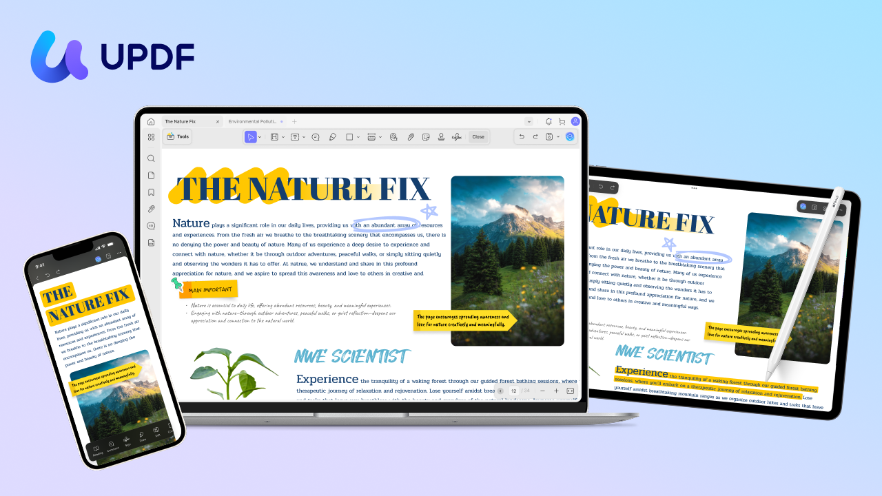 من موقع فون إسلام: يتم عرض مستند بعنوان "إصلاح الطبيعة" على شاشة هاتف ذكي وجهاز كمبيوتر محمول وجهاز لوحي يعرض كل منها نصًا وصورًا للطبيعة, تسليط الضوء على كيف يسهّل تحرير ملفات PDF باستخدام الذكاء الاصطناعي؛ يظهر شعار UPDF في الزاوية العليا اليسرى.