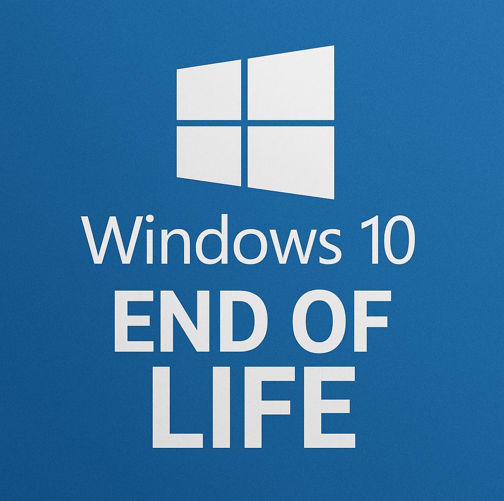 من موقع فون إسلام: شعار ويندوز 10 فوق النص "نهاية عمر ويندوز 10" على خلفية زرقاء، مع إبراز دعم ويندوز 10، وإبراز دعم ويندوز 10، وإبراز على مبيعاته.
