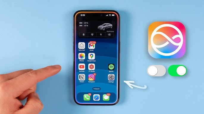 من موقع فون إسلام: يد تشير إلى هاتف ذكي يعرض أيقونات تطبيقات مختلفة على خلفية زرقاء, تسليط الضوء على ميزات جديدة مع شعار تطبيق ورسومات مفتاح تبديل بجانبه، في مشهد يعكس تطور الذكاء الاصطناعي على أجهزة الآيفون.
