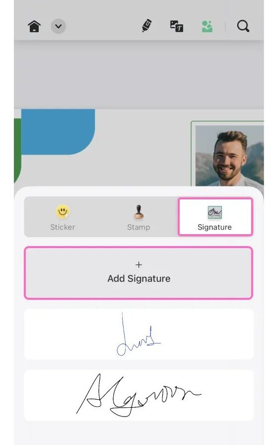 من موقع فون إسلام: تُظهر واجهة رقمية في UPDF، محرر PDF خيارات لإضافة ملصق أو ختم أو توقيع، مع عرض التوقيعات في الأسفل وصورة المستخدم في الزاوية اليمنى العليا.
